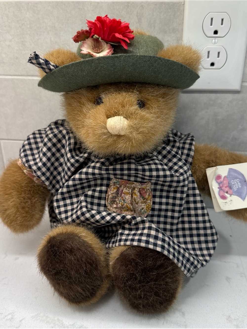 Gund vintage Plush Teddy Bear in Brown with Green Hat and Gingham Dress